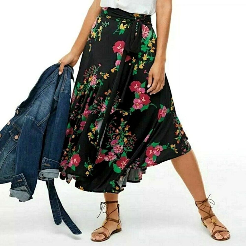 CAbi Sophia Drama Floral Wrap Maxi Asymmetrical Wait Tie Flowy Skirt